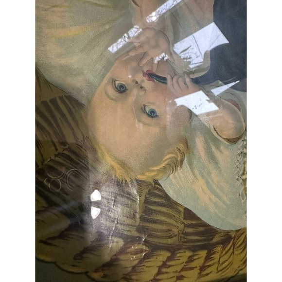 Framed lithograph 1911 baby and dog An Even Exchange - Picture 10 of 12